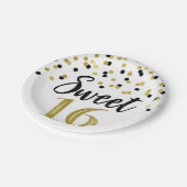 ブラック金ゴールド紙吹雪スイート16バースデーパーティー ペーパープレート (アングル)