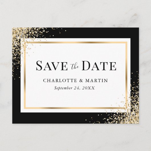ブラック金ゴールド紙吹雪フレームエレガントな結婚式 案内ポストカード (正面)