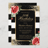 ブラック金ゴールド紙吹雪レッドローゼス50誕生日 招待状 (正面/裏面)