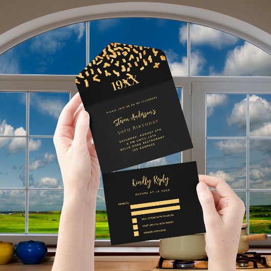 ブラック金ゴールド紙吹雪年の誕生日レポート オールインワン招待状