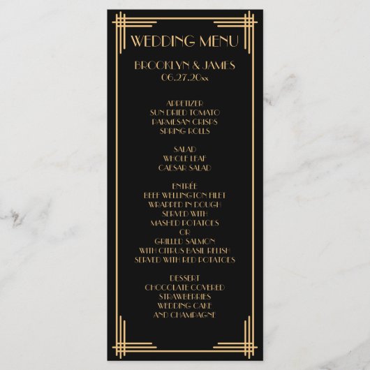 ブラック金ゴールド素晴らしギャツビーアールデコ結婚のメニューカード メニュー (正面)