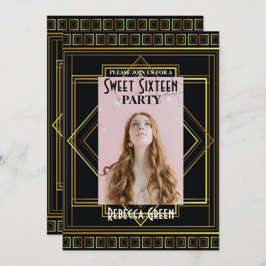 ブラック金ゴールド素晴らしギャツビーSweet sixteenパーティー 招待状 (正面/裏面)