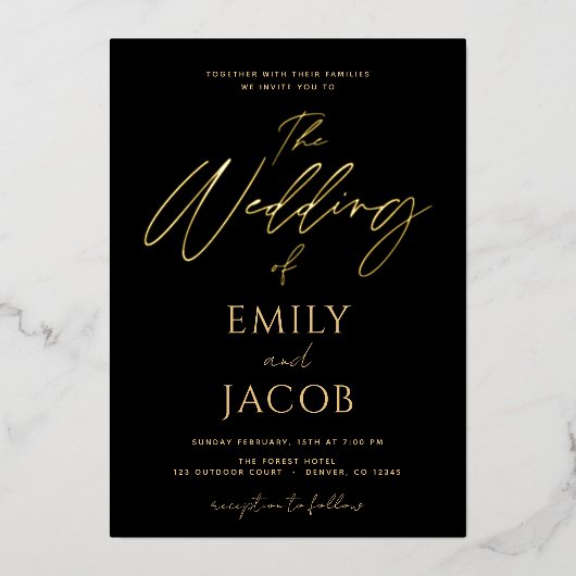 ブラック金ゴールド結婚のモダンタイポグラフィスクリプトInvita 箔招待状 (正面)