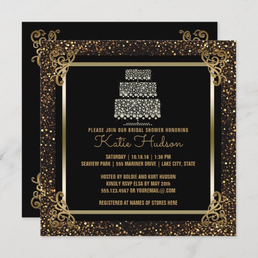 ブラック金ゴールド結婚ズケーキブライダルシャワーエレガント 招待状 (正面/裏面)