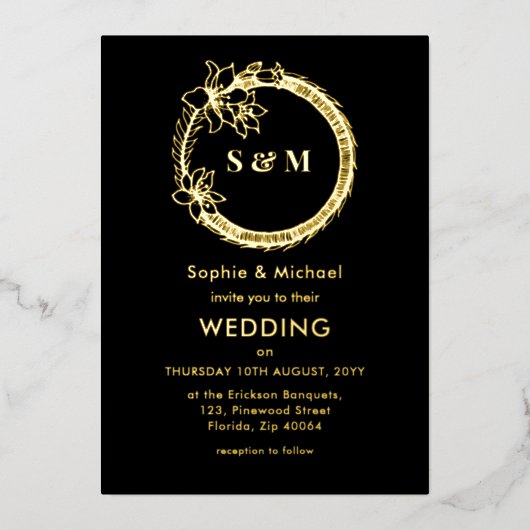 ブラック金ゴールド結婚ズモノグラムリース 箔招待状 (正面)