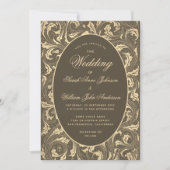 ブラック金ゴールド結婚ズヴィンテージ葉シスルエレガント 招待状 (正面)