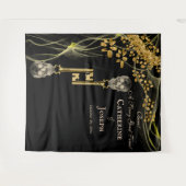 ブラック金ゴールド結婚ハロウィーンと金ゴールドスカル鍵 タペストリー (正面(横))