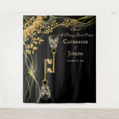 ブラック金ゴールド結婚ハロウィーンと金ゴールドスカル鍵 タペストリー (正面)