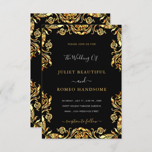 ブラック金ゴールド結婚式招待状ゴールデンフローラフレーム 招待状 (正面/裏面)