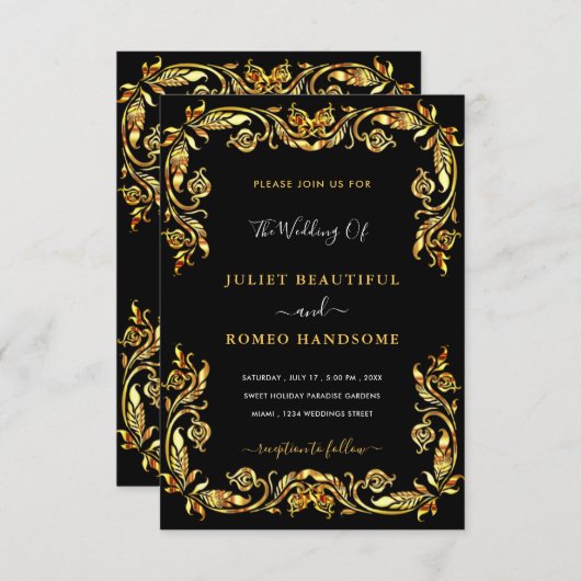 ブラック金ゴールド結婚式招待状テンプレートあなたのデザイン 招待状 (正面/裏面)