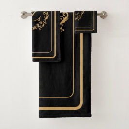 ブラック金ゴールド縁どデザインモノグラム文字 バスタオルセット