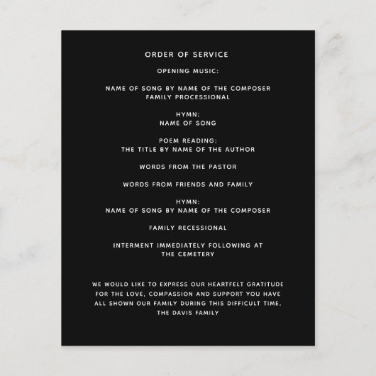 ブラック金ゴールド花模様写真葬儀プログラム (裏面)