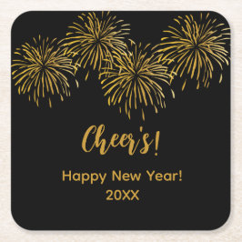 ブラック金ゴールド花火ハッピーニューイヤーパーティー スクエアペーパーコースター