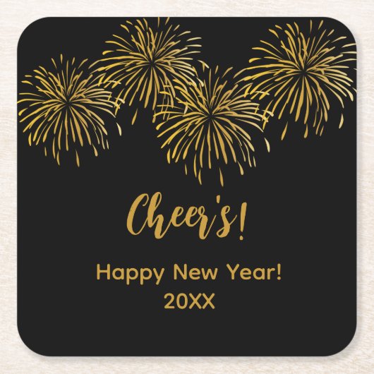 ブラック金ゴールド花火ハッピーニューイヤーパーティー スクエアペーパーコースター (正面)