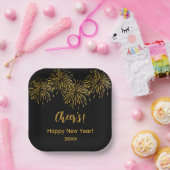 ブラック金ゴールド花火ハッピーニューイヤーパーティー ペーパープレート (パーティー)