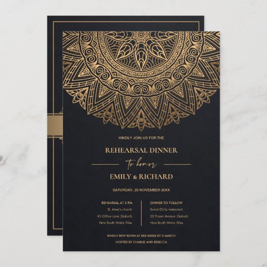 ブラック金ゴールド華美マクラシックダラリハーサルディナー 招待状 (正面/裏面)