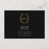 ブラック金ゴールド葉モノグラム結婚ミールイベント 出欠カード (正面)