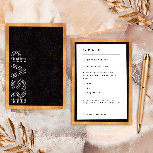 ブラック金ゴールド豪華な結婚式RSVP食品アレルギー 出欠カード