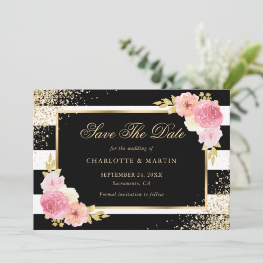 ブラック金ゴールド赤面ピンクウォーターカラーフローラ結婚ズ セーブザデート (スタンド正面)