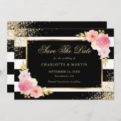 ブラック金ゴールド赤面ピンクウォーターカラーフローラ結婚ズ セーブザデート (正面/裏面)