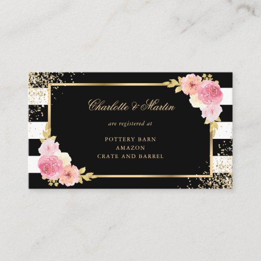 ブラック金ゴールド赤面ピンク結婚フローラのレジストリ エンクロージャーカード (正面)