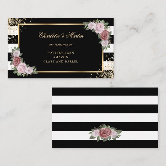 ブラック金ゴールド赤面ピンク結婚フローラのレジストリ エンクロージャーカード (正面/裏面)
