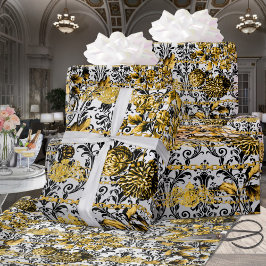 ブラック金ゴールド銀フローラダマスクアカンサス葉 ラッピングペーパー