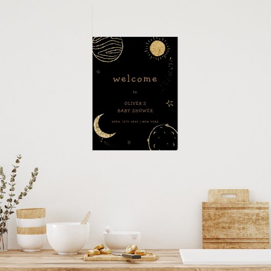 ブラック金ゴールド銀河系アウタースペースベビーシャワーウェルカム ポスター (キッチン)