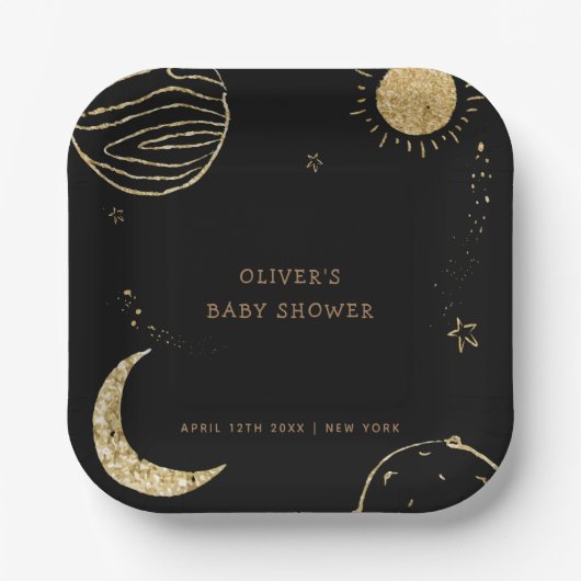 ブラック金ゴールド銀河系ムーンスターボーイベビーシャワー ペーパープレート (正面)