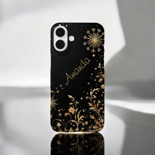 ブラック金ゴールド開花 iPhone 16 PLUSケース
