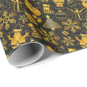 ブラック金ゴールド雪だるまとクリスマスツリーのギフトラップ ラッピングペーパー (ロールコーナー)