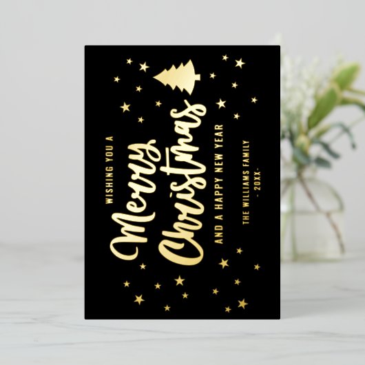 ブラック金ゴールド非フォトファミリー名目楽しいクリスマス 箔シーズンカード (立ち正面)
