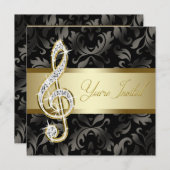 ブラック金ゴールド音楽トレブルクレフ、 音符記号リサイタル 招待状 (正面/裏面)