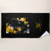 ブラック金ゴールド高級フローラ大理石製スワール ビーチタオル (正面)