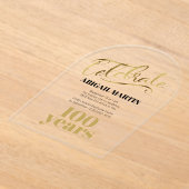 ブラック金ゴールド100誕生日アクリル澄んアーチ アクリル招待状 (レイダウン)