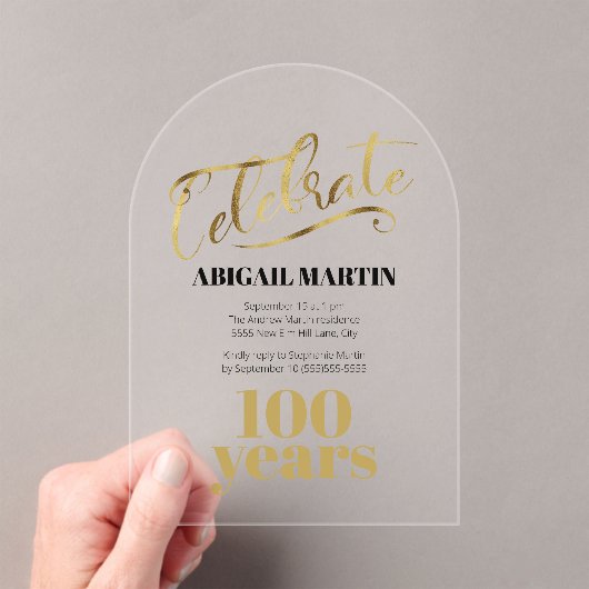 ブラック金ゴールド100誕生日アクリル澄んアーチ アクリル招待状 (インサイチュ (ポータブル))