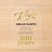 ブラック金ゴールド100誕生日アクリル澄んアーチ アクリル招待状 (正面)