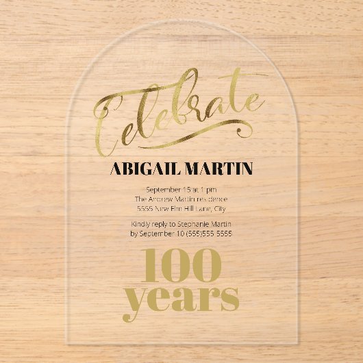 ブラック金ゴールド100誕生日アクリル澄んアーチ アクリル招待状 (正面)