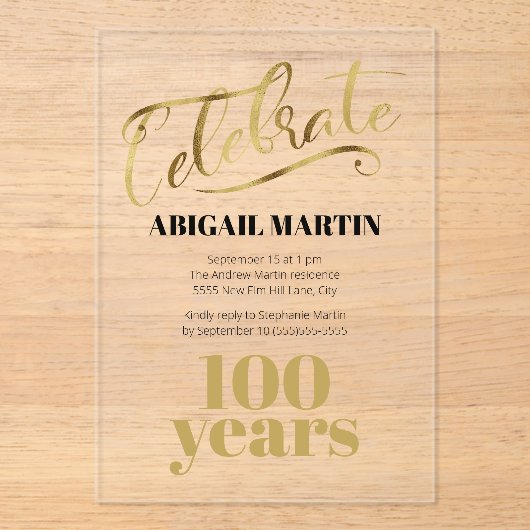 ブラック金ゴールド100誕生日アクリル澄ん樹脂 アクリル招待状 (正面)