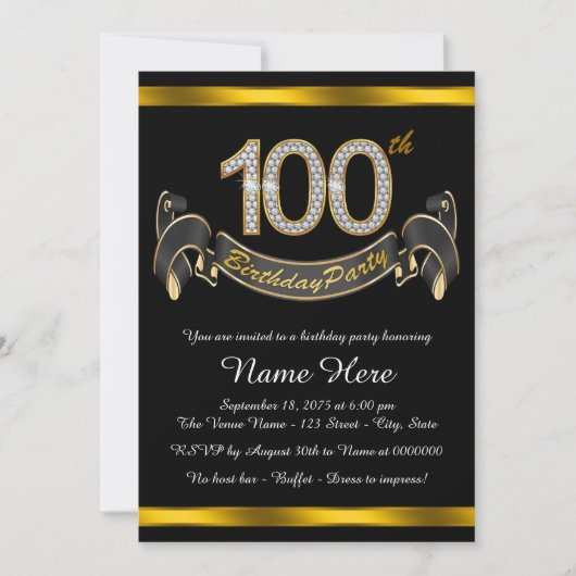 ブラック金ゴールド100thバースデーパーティー 招待状 (正面)