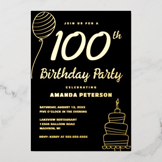 ブラック金ゴールド100th Birthday Party 実在金ゴールド 箔招待状 (正面)