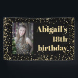 ブラック金ゴールド18th Birthday Party写真 横断幕<br><div class="desc">グラマエレガントラスなブラック18thバースデーパーティーの金ゴールドグリッターのフォトバナー。写真、名誉のゲストの名前と年齢でパーソナライズ。任意の年齢でカスタマイズ可能。</div>