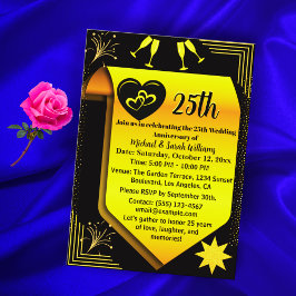 ブラック金ゴールド25結婚周年シンプル記念モダン 招待状