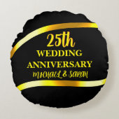 ブラック金ゴールド25結婚周年記念ギフトカップル ラウンドクッション (正面)
