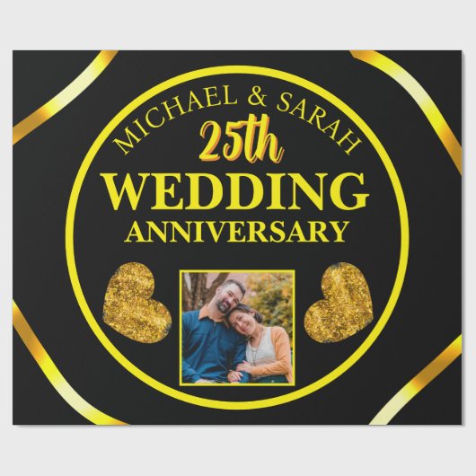 ブラック金ゴールド25結婚周年記念ギフトカップル ラッピングペーパー (フラット)