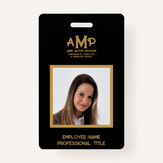 ブラック金ゴールド3文字モノグラムのロゴ従業員 バッジ (正面)