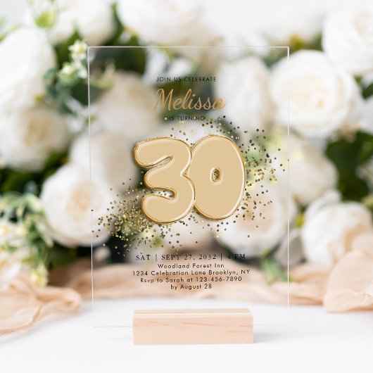 ブラック金ゴールド30thバルーン紙吹雪大人誕生日 アクリル招待状