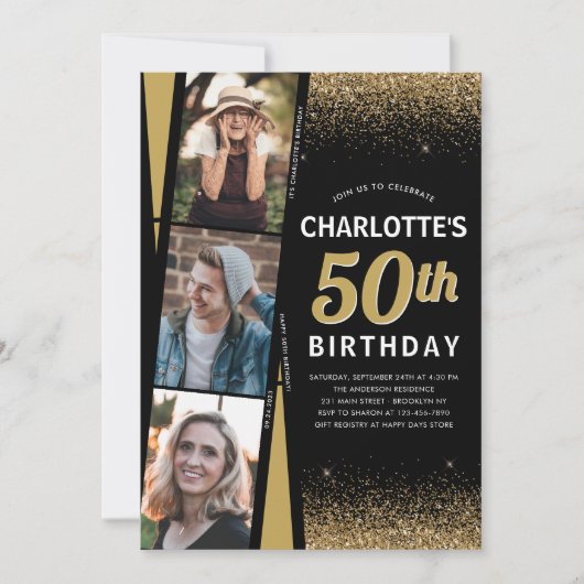 ブラック金ゴールド3 Photo FilmグリッターAny Age誕生日 招待状 (正面)