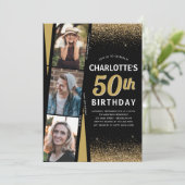 ブラック金ゴールド3 Photo FilmグリッターAny Age誕生日 招待状 (スタンド正面)