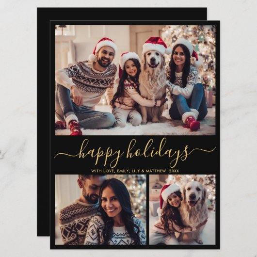 ブラック金ゴールド4フォトハッピーホリデーズクリスマスカード (正面/裏面)
